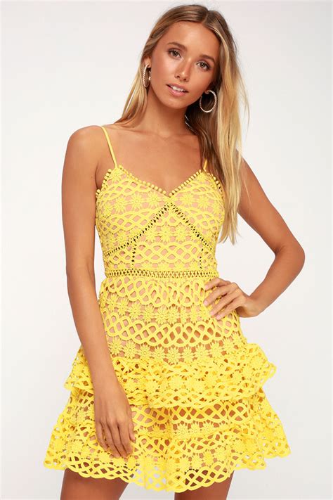 Cute Yellow Dress Crochet Lace Dress Ruffle Dress Lulus