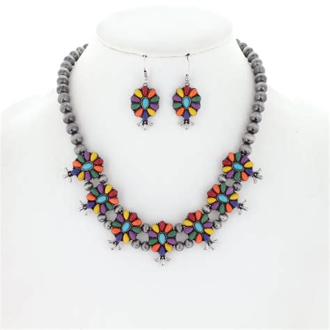 N7673 SBCO WESTERN STYLE NAVAJO PEARL SQUASH BLOSSOM NECKLACE EARRING