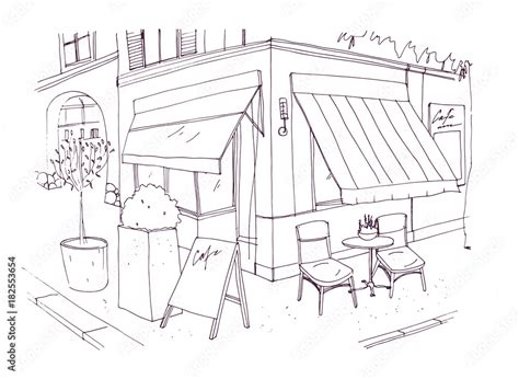 Freehand Drawing Of European Sidewalk Cafe Or Restaurant With Table And
