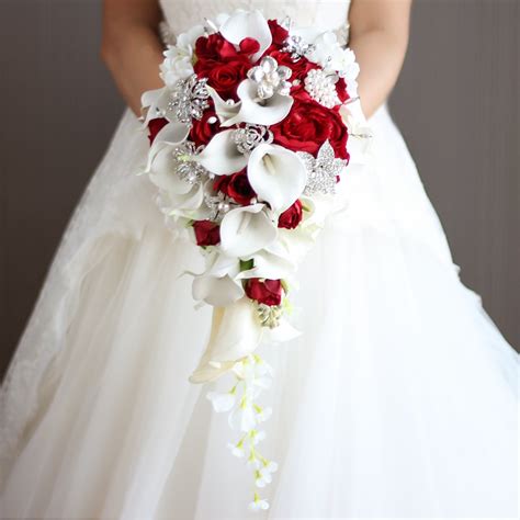 2018 New Waterfall Red White Wedding Flowers Bridal Bouquets Artificial