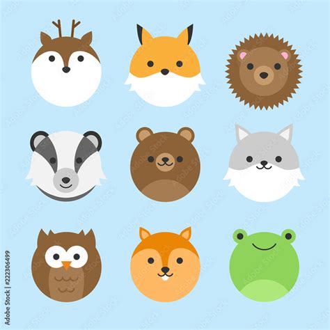Cute Vector Icon Set Of Forest Animals Round Animal Illustrations
