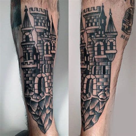 If you the play of colors within the tattoo, then this colorful castle tattoo design is everything that you need. 80 Castle Tattoos For Men - Masculine Fortress Designs