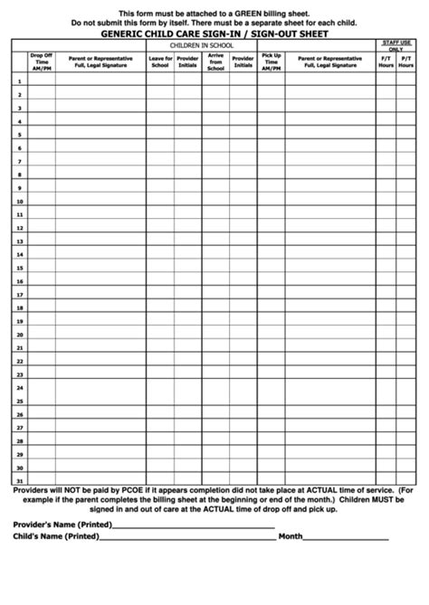 Generic Child Care Sign Insign Out Sheet Template Printable Pdf Download