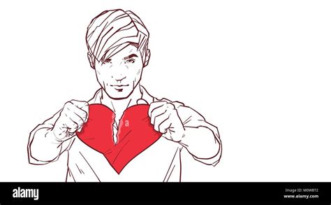 Handsome Man Tearing Red Heart Shape Apart Heartbroken Sketch On White