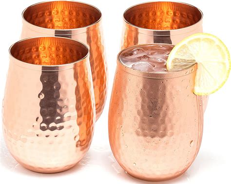 copper wine glasses set of 4 17oz gleaming solid hammered copper stemless wine cups a t