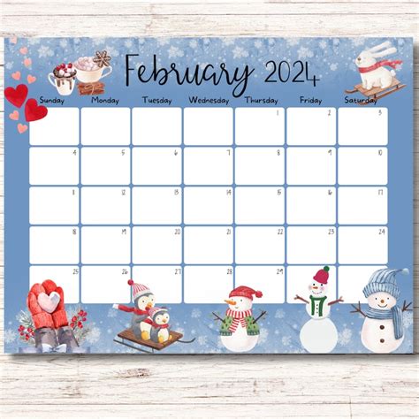 Editable February 2024 Calendar Beautiful Winter Snowman And Penguins