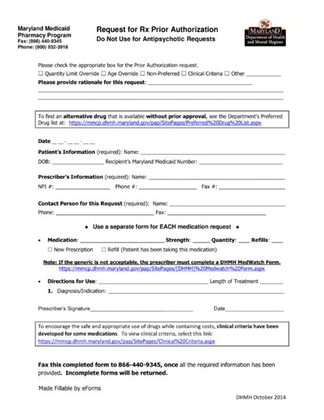 Free Maryland Medicaid Prior Rx Authorization Form Pdf Eforms