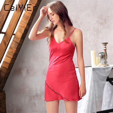 Caiyier 2018 Silk Nightgowns Women Sexy Red Pink Black Nightwear Spring Summer Shoulder Strap