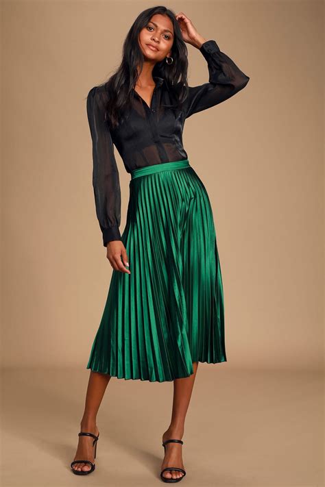 Fashionable Babe Emerald Green Satin Pleated Midi Skirt Jupe Plissée Verte Jupes Vertes S