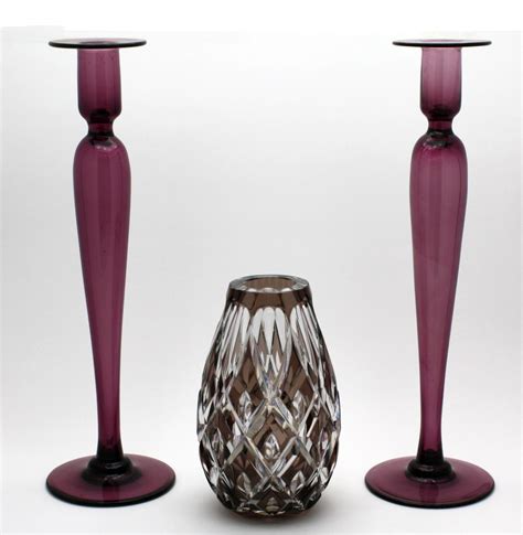Pair Of Pairpoint Hand Blown Amethyst Crystal Classical Form Candlesticks Candlesticks