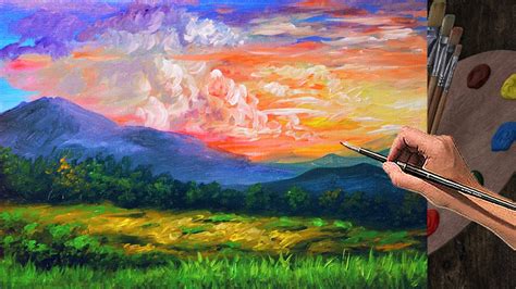 Acrylic Landscape Painting Sunset In The Mountains Fine Art