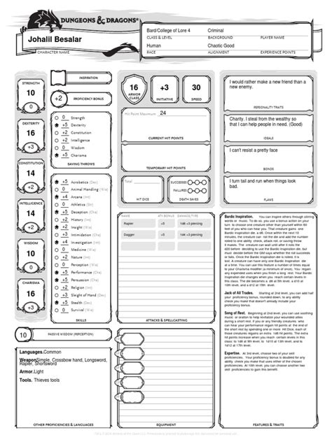 Bard Character Sheet D20 System Tsr Company Games