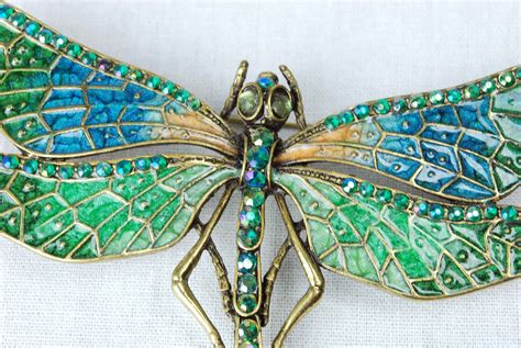 Vintage Dragonfly Brooch Pin Large Blue Green Rhinestone