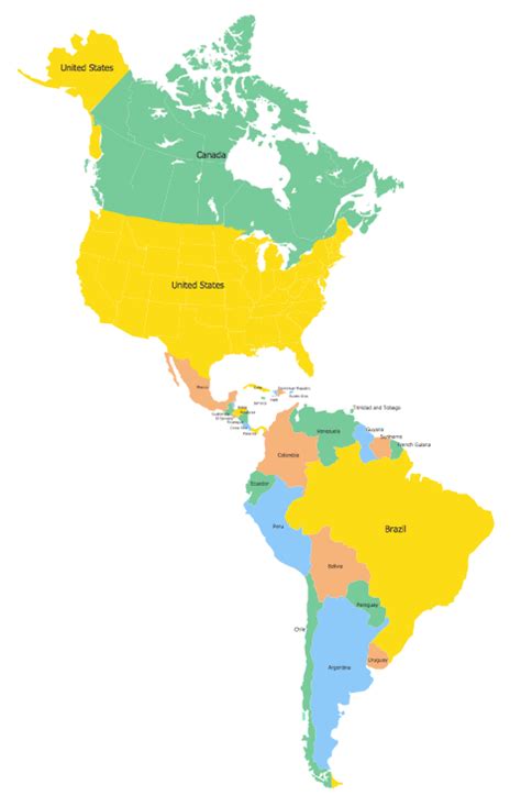 Americas Map Bright Color High Detailed Political Map Of North And
