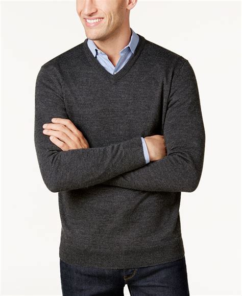 Club Room Mens Solid V Neck Merino Wool Blend Sweater Created For