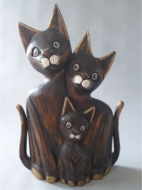 Cat Figure Wood Carving Wooden Animals Cat Lover T Etsy