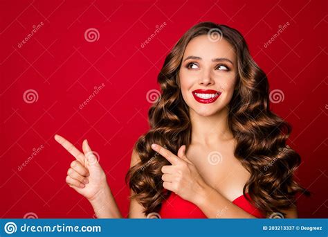 Close Up Portrait Of Nice Looking Attractive Chic Gorgeous Cheerful Wavy Haired Girl Showing