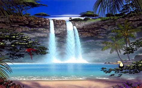 Paradise Falls Mountain Birds Sky Blue Waterfalls Hd Wallpaper