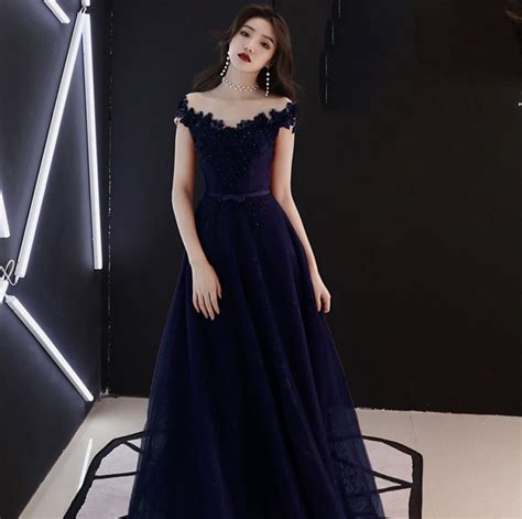 MISS36 - Navy Blue Stain Evening Ball Gown Long Wedding Evening Dresses - Miss36 | Evening ...