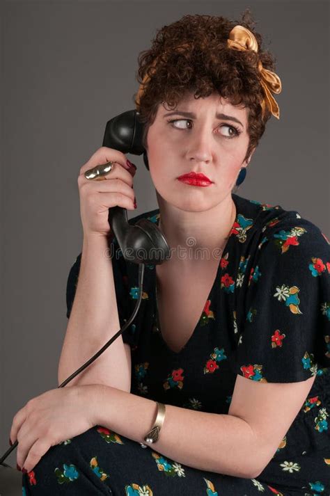 Pinup Girl On Old Fashioned Telephone Smiles Stock Image Image Of