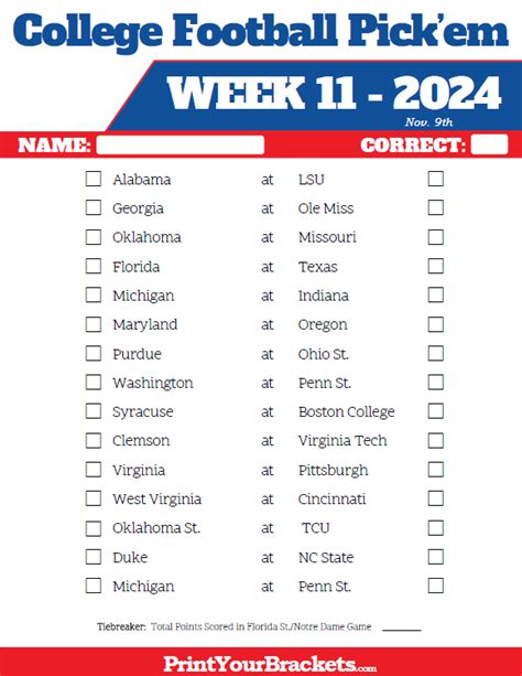 Printable Week 11 College Football Pickem Sheets 2024
