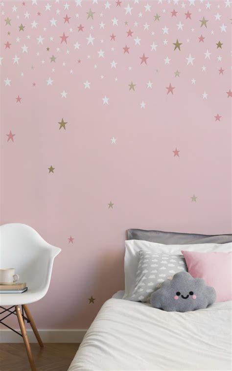 Create a cool and colourful space with a geometric mural or wallpaper, adding clashing printed bedding and a. Falling Pink Stars Wallpaper Mural | Girls bedroom ...