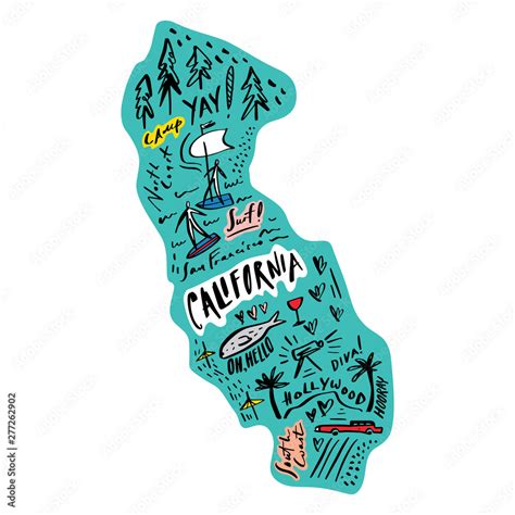 Cartoon Map Of California Vector Illustration Printable Art For