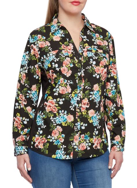 Plus Size Floral Print Blouse With Button Front And Solid Side Panels