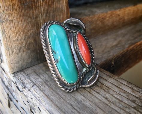 Coral Turquoise Ring Size 725 For Women Native America Indian Jewelry