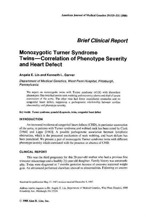 PDF Monozygotic Turner Syndrome Twinscorrelation Of Phenotype