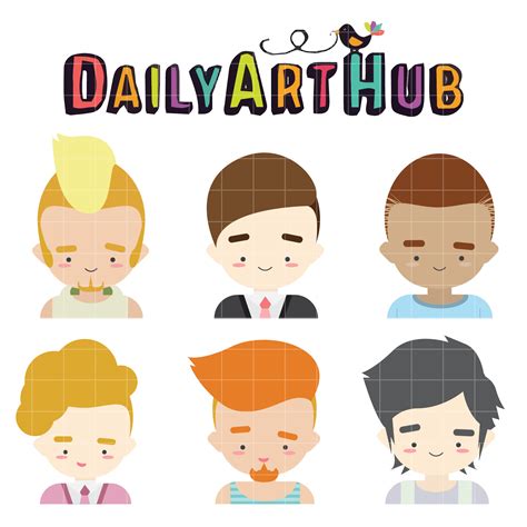 Cute Male Character Faces Clip Art Set Daily Art Hub
