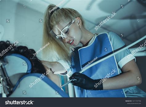 Horror Scene In Dentist Office Crazy Evil Stomatologist Treating Teeth