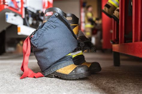 Firefighter S Boots And Trousers In A Fire Station Stock Image Image