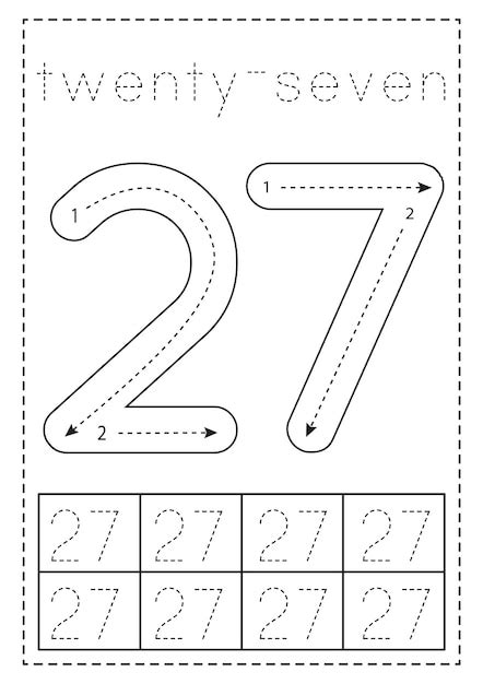 Premium Vector Tracing Number Twenty Seven Preschool Worksheet Black