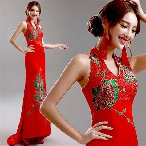 fashionable winter halter neck high quality sexy backless red long cheongsam dress qipao