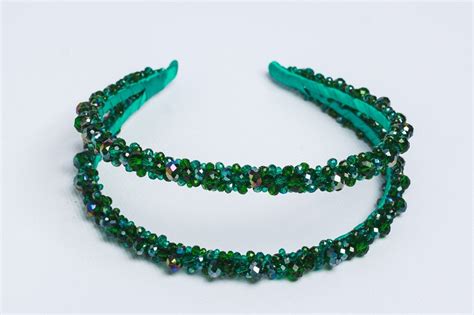 Bridal Thin Headband Double Band Tiara Emerald Beaded Headband Etsy