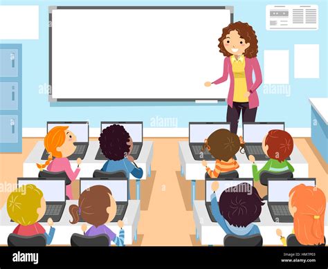 Stickman Illustration Of Preschool Children In A Computer Class Stock