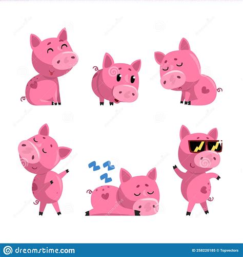 Set Of Cute Pink Pigs In Various Poses Funny Livestock Animals Cartoon