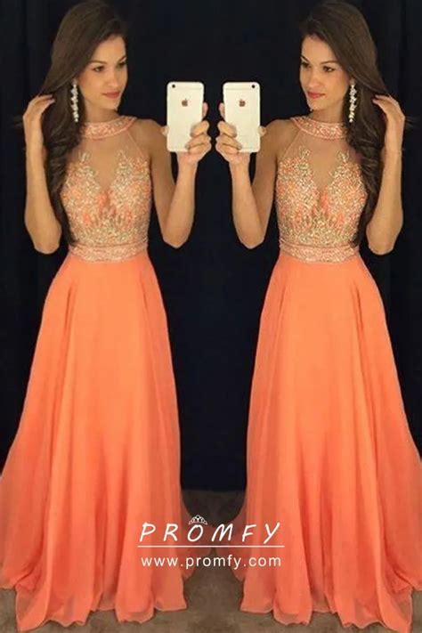 Halter Neck Beaded Bodice Orange Chiffon Prom Dress Promfy