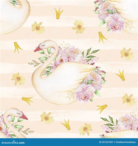 Seamless Pattern Of Watercolor Swans Flowers Leaves And Crowns Stock