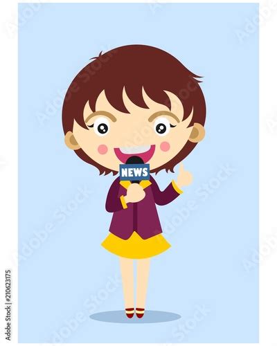 Cute Little Kids Reporter News Girl Cartoon Character Stock Image And
