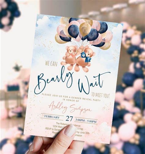 Editable Teddy Bear Gender Reveal Invitation Twins Gold Navy Blush