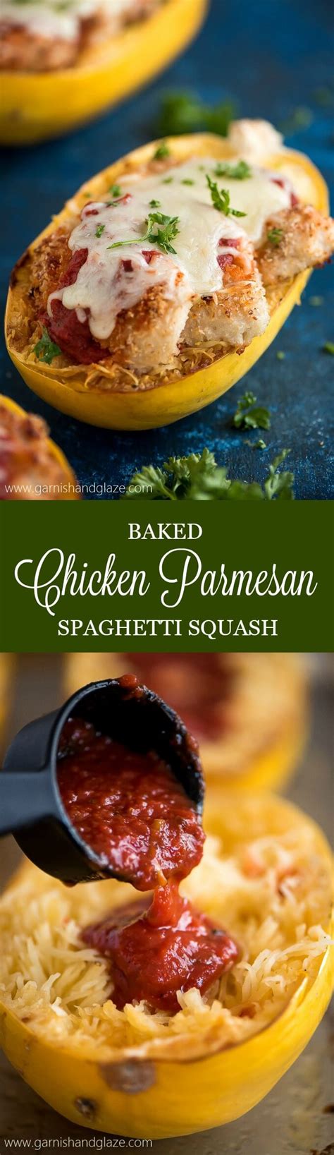 The chicken parmesan plus the spaghetti squash comes in at 360 calories, 34g of protein, 25g of carbohydrates, and 7g of filling fiber! Baked Chicken Parmesan Spaghetti Squash - Garnish & Glaze
