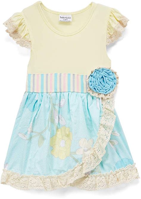 Light Yellow And Turquoise Floral Angel Sleeve Dress Toddler And Girls