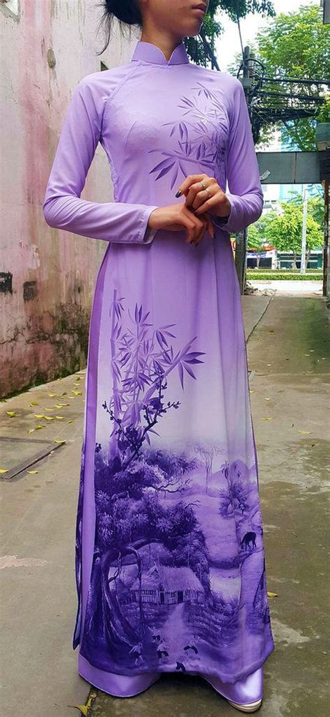 purple ao dai vietnamese dress spectacular rural scene fabric vietnamese traditional dress