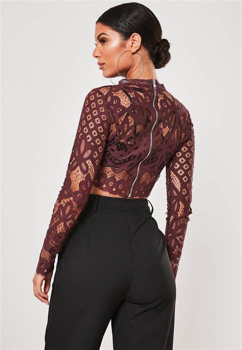 Purple Lace Long Sleeve Crop Top Missguided