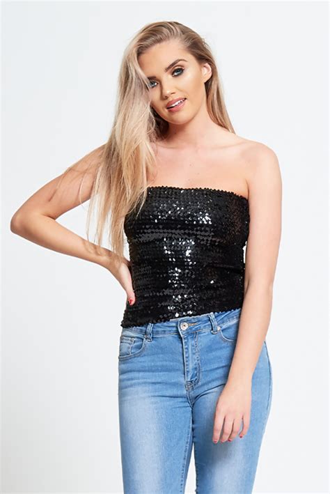 Black Bandeau Sequined Party Top