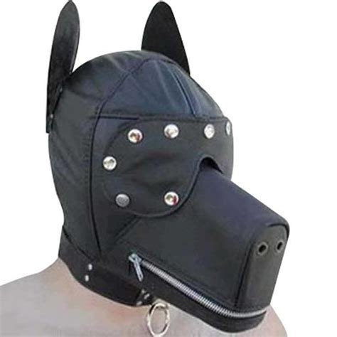 Black Leather Dog Slave Hood Master Slave Ball Gags Bite