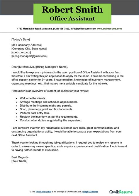 Office Assistant Cover Letter Examples QwikResume