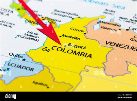 Red Arrow Pointing Colombia On The Map Of South America Continent Stock